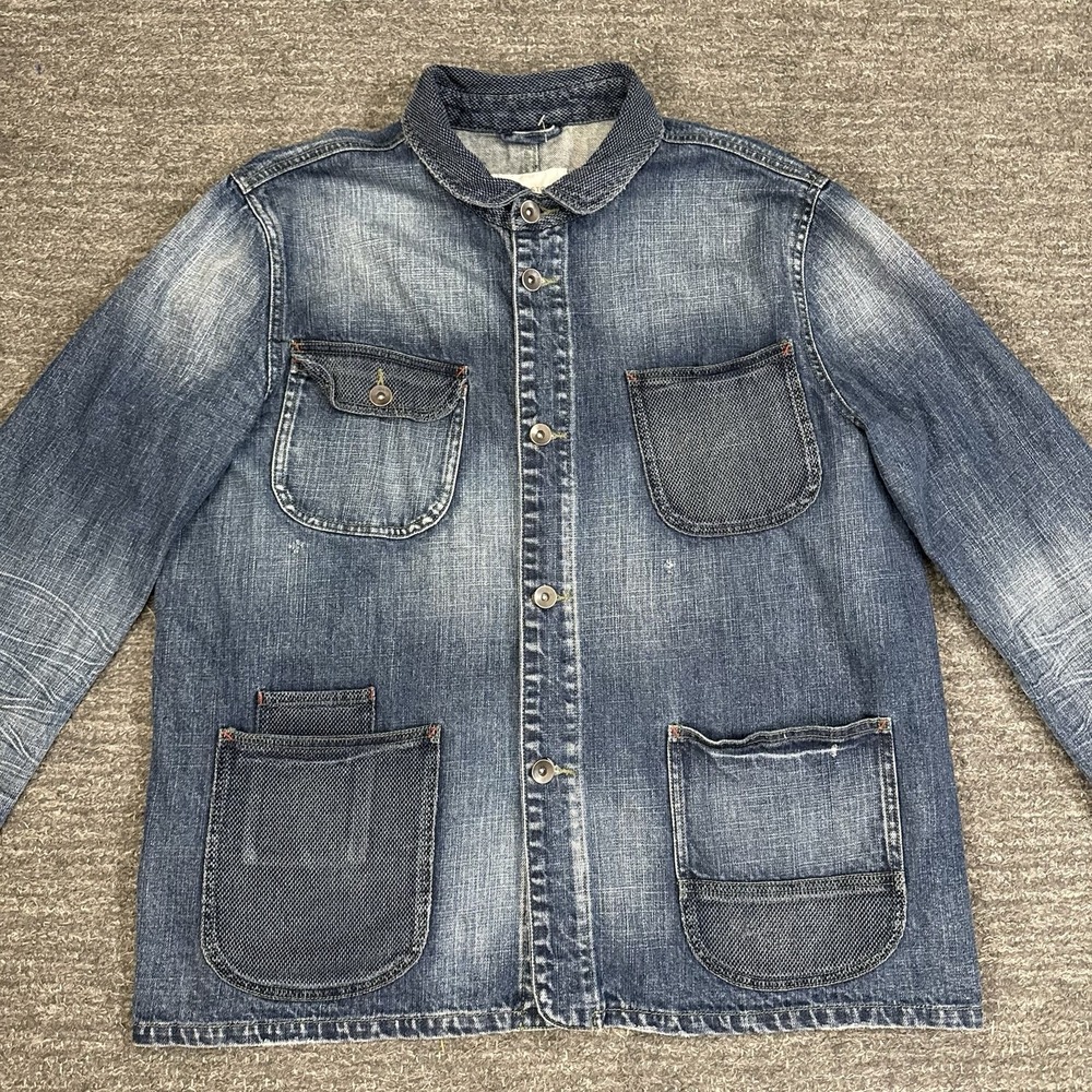 Sun Stone Chore Jacket Men XL Blue Denim Distressed Patch Pocket Jean Workwear